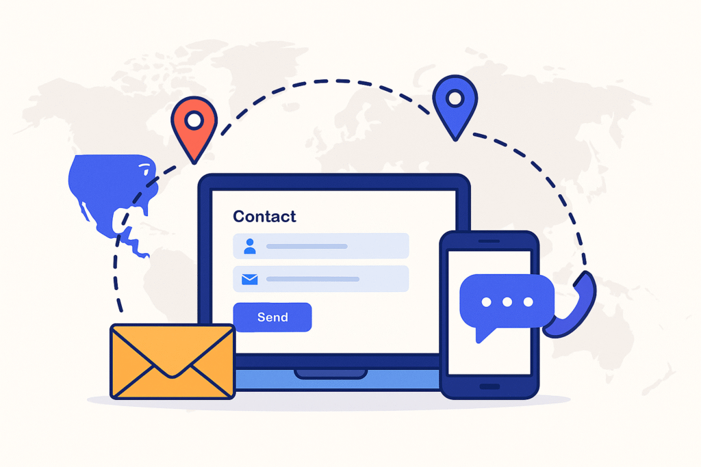 Flat illustration of a laptop contact form, smartphone chat icon, and envelope over a world map with location markers in India, USA, and Canada